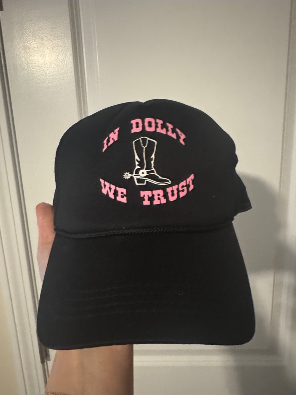 Kids Black Cap with Pink 'In Dolly We Trust' Embroidery